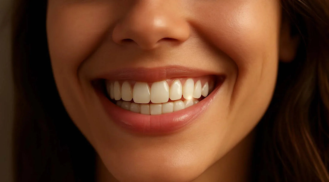 Mujer sonriendo con dientes blancos, bienestar Sensus.Life, salud bucal natural