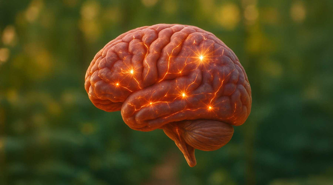 Cerebro con conexiones neuronales luminosas, nootrópicos y bienestar inteligente Sensus.life