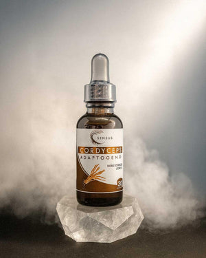 Frasco de Sensus Cordyceps adaptógeno, gotero, sobre cristal, fondo con vapor.