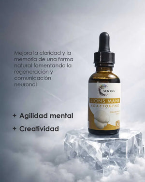 Sensus Lions Mane adaptógeno, gotero sobre base de cristal, bienestar y claridad mental.