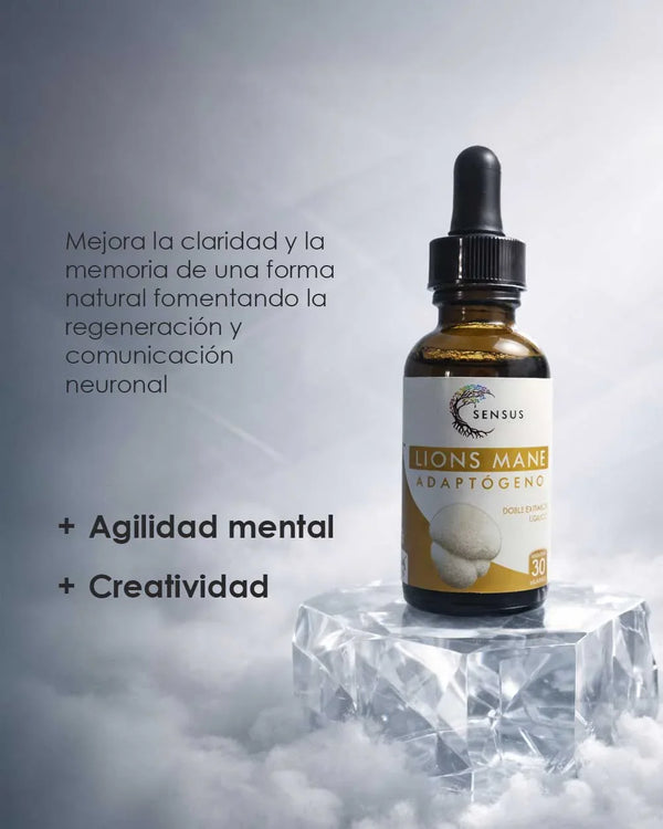 Sensus Lions Mane adaptógeno, gotero sobre base de cristal, bienestar y claridad mental.