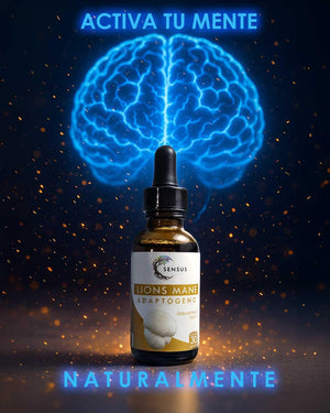 Frasco de extracto Sensus Lions Mane adaptógeno, con cerebro azul brillante y texto activa tu mente.