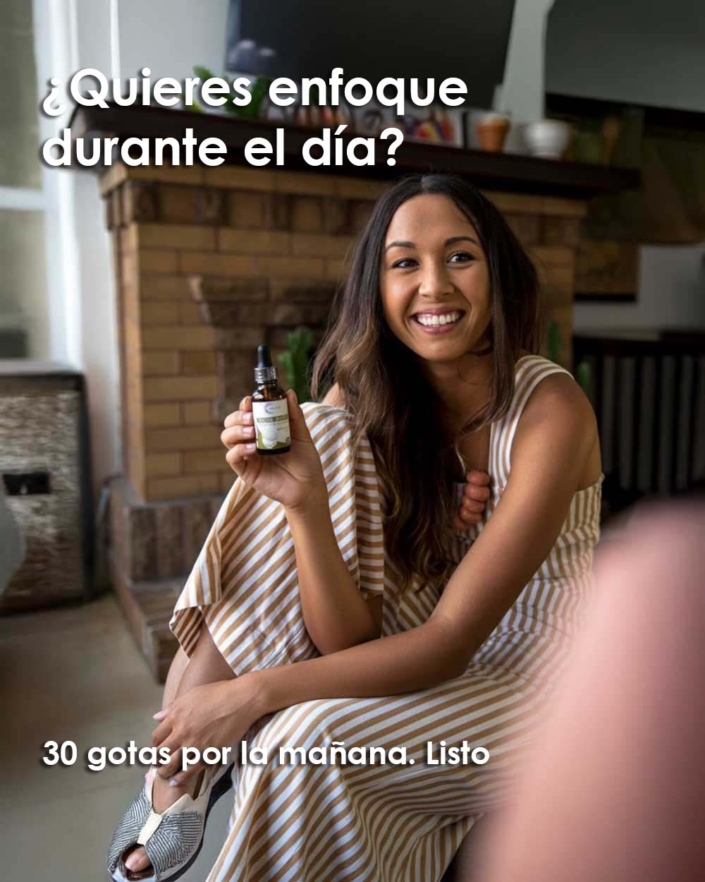 Gotero de Sensus Lions Mane adaptógeno líquido sobre piedra y fondo de neblina, bienestar inteligente.