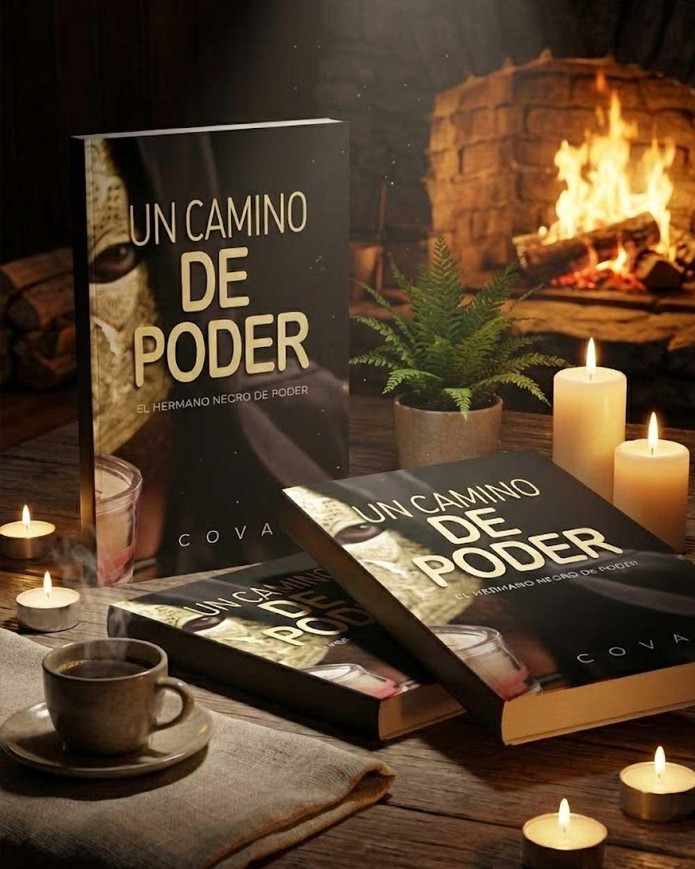 Libro 'Un Camino de Poder' sobre mesa rústica junto a velas, café y chimenea encendida, Sensus.Life.