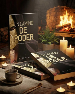 Libro 'Un Camino de Poder' sobre mesa rústica junto a velas, café y chimenea encendida, Sensus.Life.