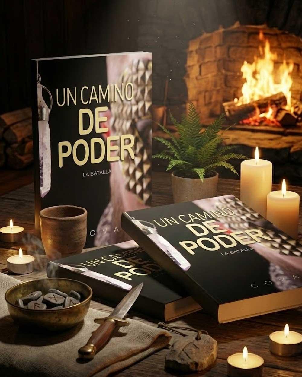 Libros 'Un Camino de Poder: La Batalla' sobre mesa rústica, velas y chimenea encendida, bienestar Sensus.life