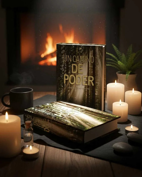 Libro 'Un Camino de Poder' junto a velas, taza y chimenea, ambiente relajante Sensus.Life